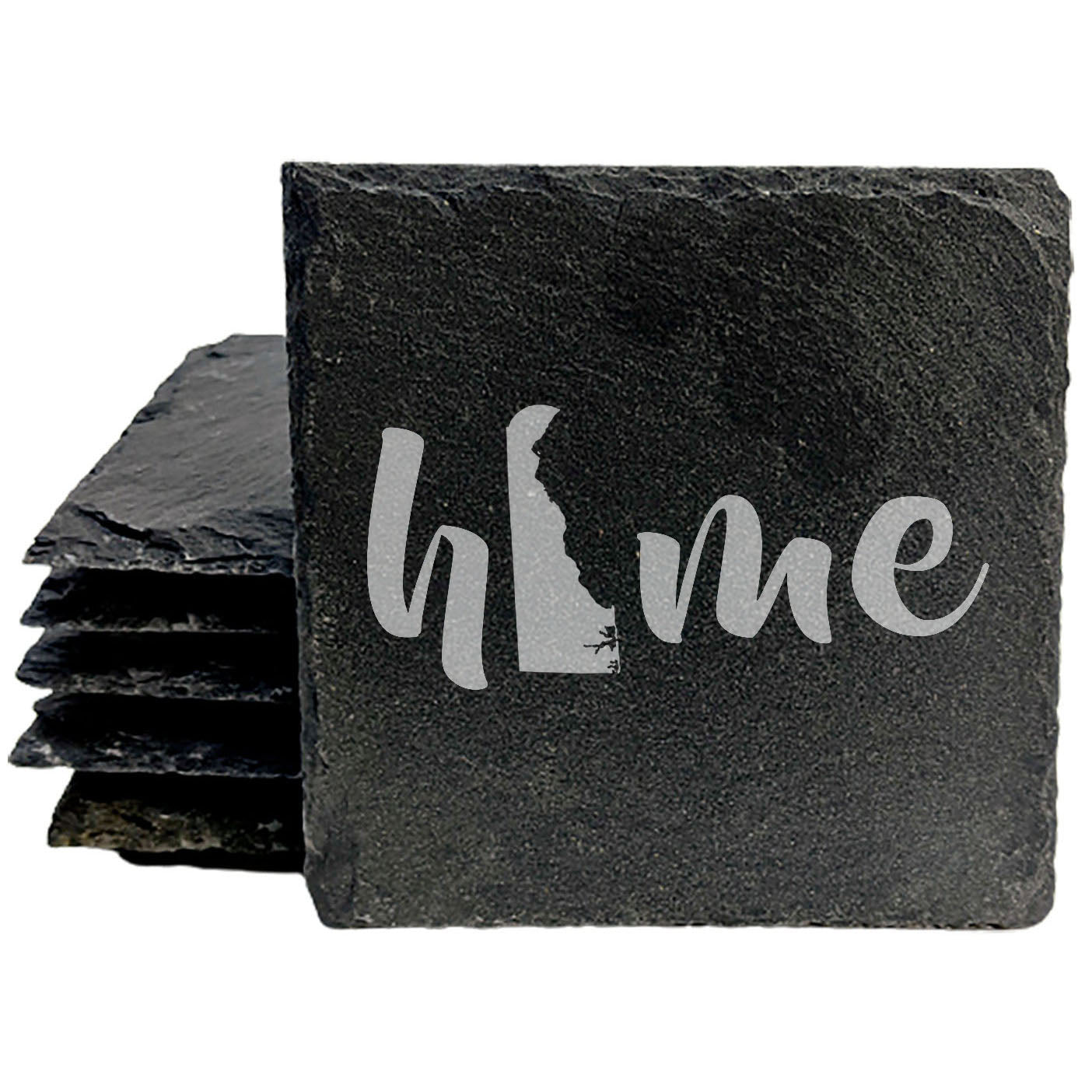 Rustic Slate Coasters Set of 4 - Laser Etched 'Home' Design with Delaware State - Perfect Gift for Holidays, Birthdays, Housewarming - 4" Round/Square - Made in Oregon, USA - Natural Chipped Edge