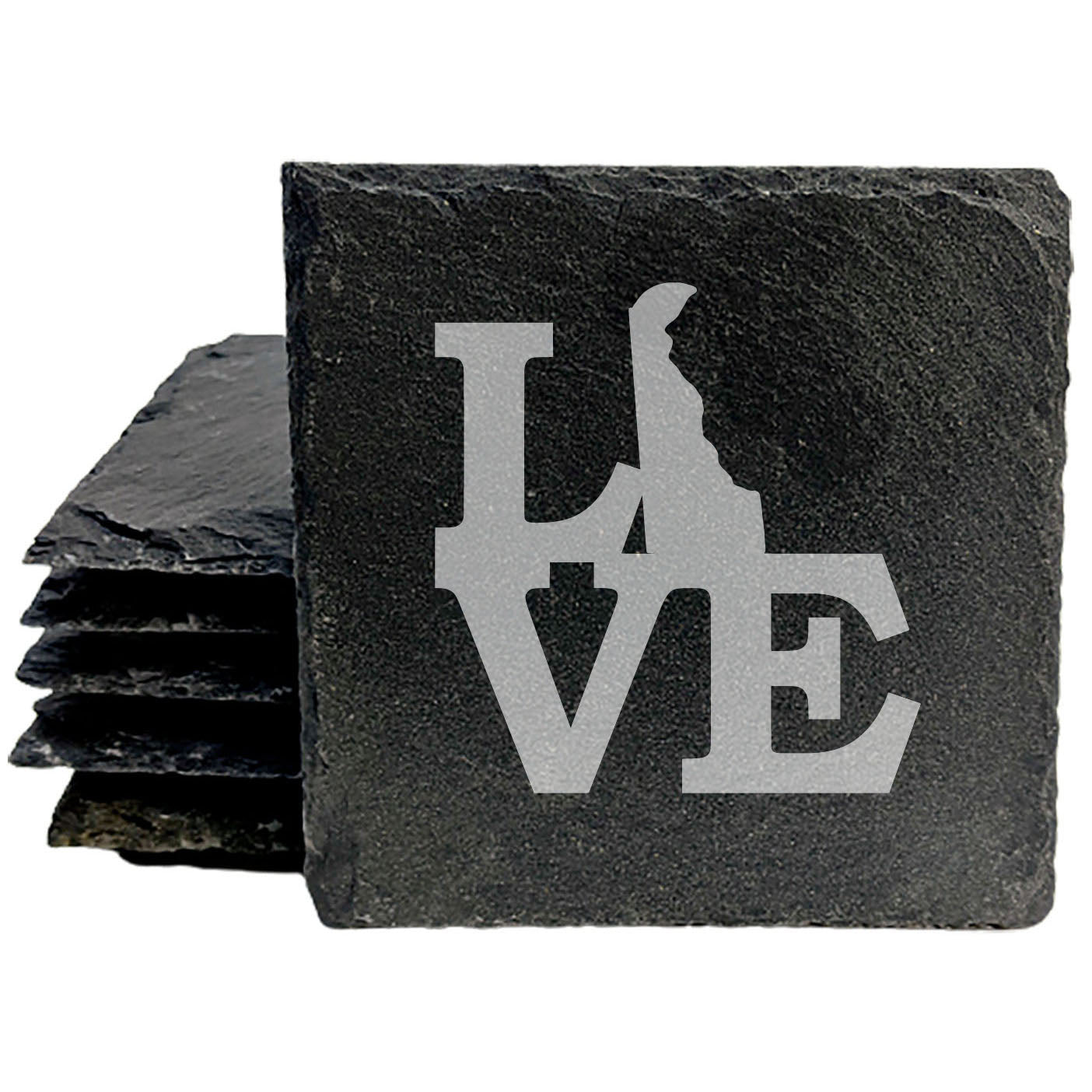 Rustic Slate Coasters Set of 4, Laser Etched 'LOVE' Delaware Design, 4" Round, Natural Chipped Edge, Rubber Feet, , Perfect for Holidays, Birthdays, Housewarming, Made in Oregon, USA