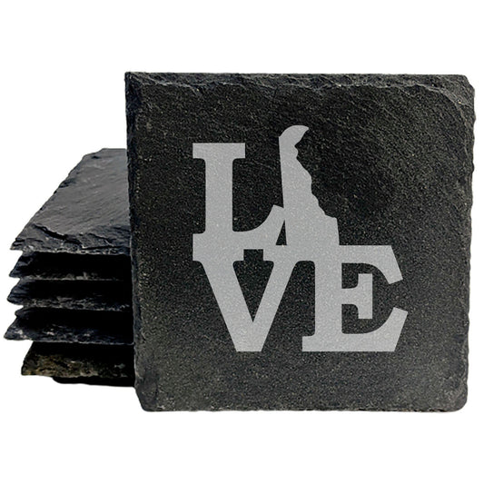 Rustic Slate Coasters Set of 4, Laser Etched 'LOVE' Delaware Design, 4" Round, Natural Chipped Edge, Rubber Feet, , Perfect for Holidays, Birthdays, Housewarming, Made in Oregon, USA