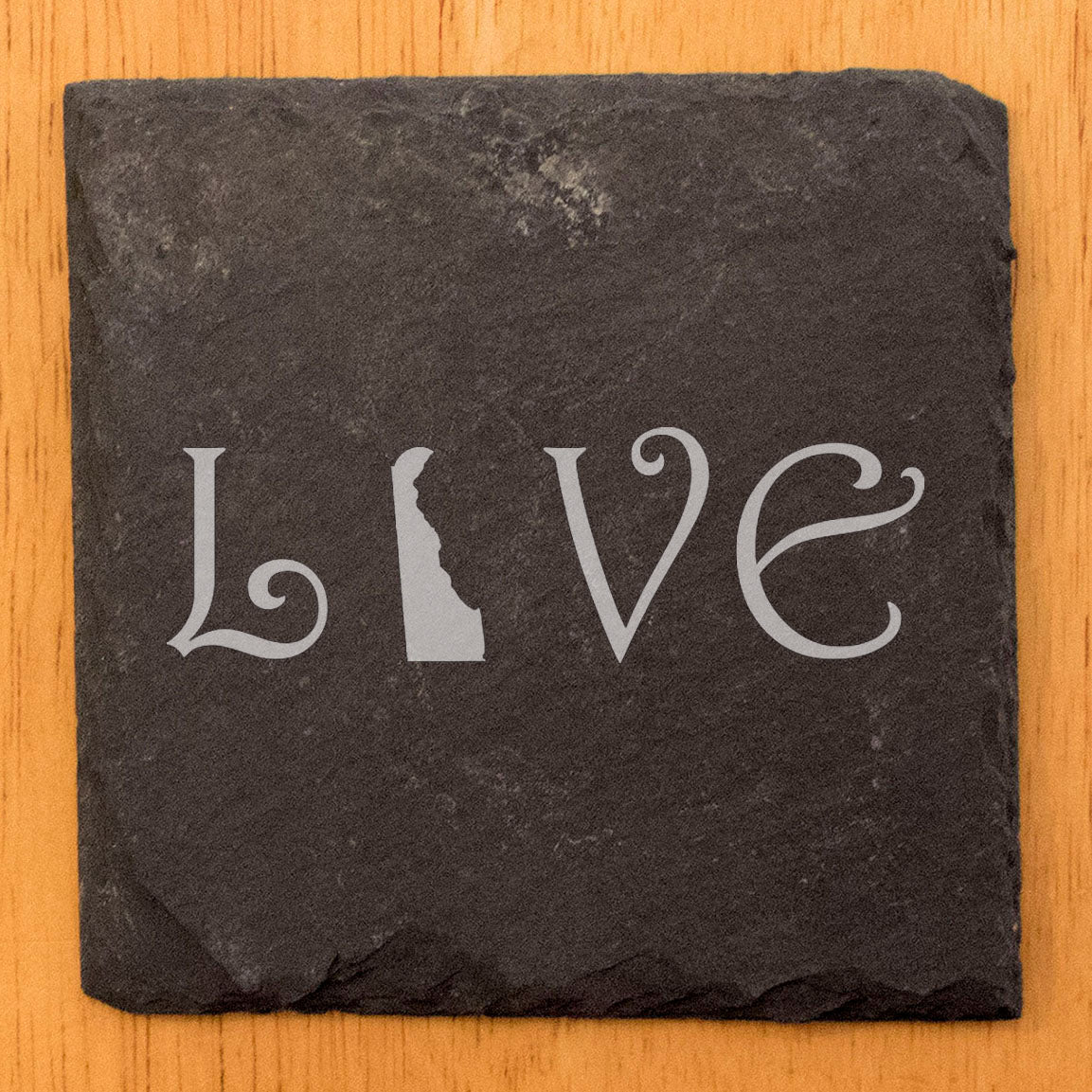 Rustic Slate Coasters Set of 4, Square 4" with 'LOVE' Delaware Design, Laser Etched, Natural Chipped Edge, Rubber Feet, , Perfect for Holidays, Birthdays, Housewarming, USA Made
