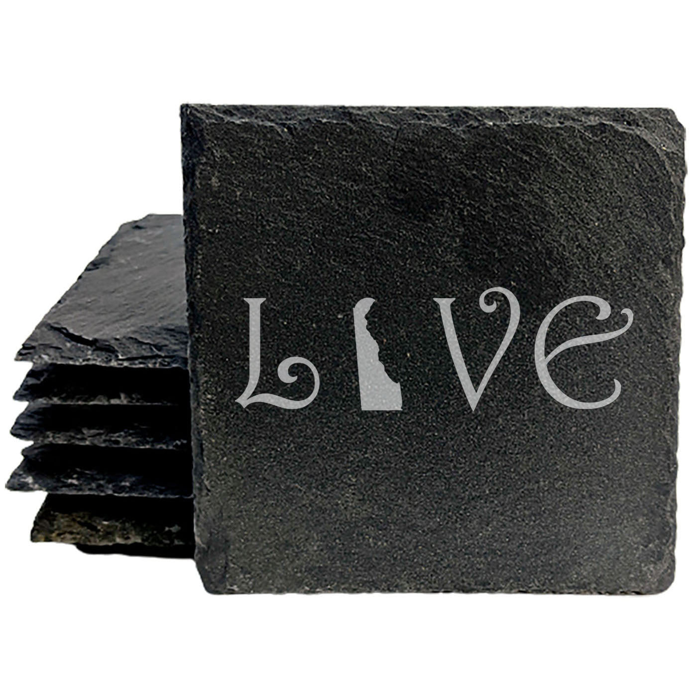 Rustic Slate Coasters Set of 4, Square 4" with 'LOVE' Delaware Design, Laser Etched, Natural Chipped Edge, Rubber Feet, , Perfect for Holidays, Birthdays, Housewarming, USA Made