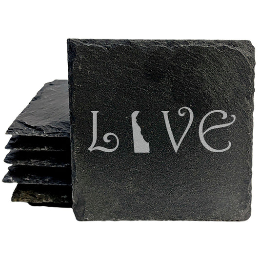 Rustic Slate Coasters Set of 4, Square 4" with 'LOVE' Delaware Design, Laser Etched, Natural Chipped Edge, Rubber Feet, , Perfect for Holidays, Birthdays, Housewarming, USA Made