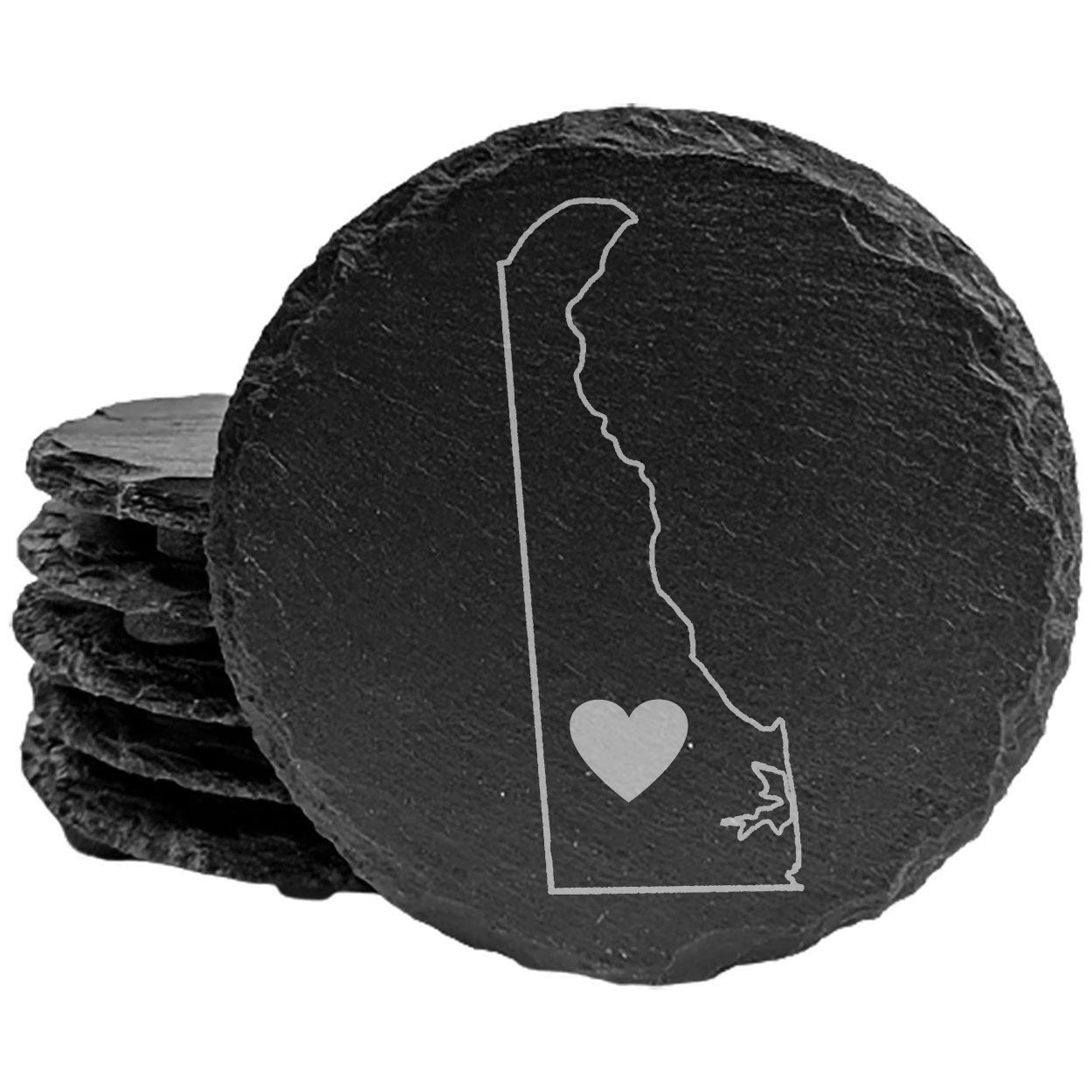 Rustic Slate Coasters Set of 4, Round, Laser Etched Delaware Heart Design, 4" Diameter, Natural Chipped Edge, Rubber Feet, , Perfect for Holidays, Birthdays, Housewarming, USA Made