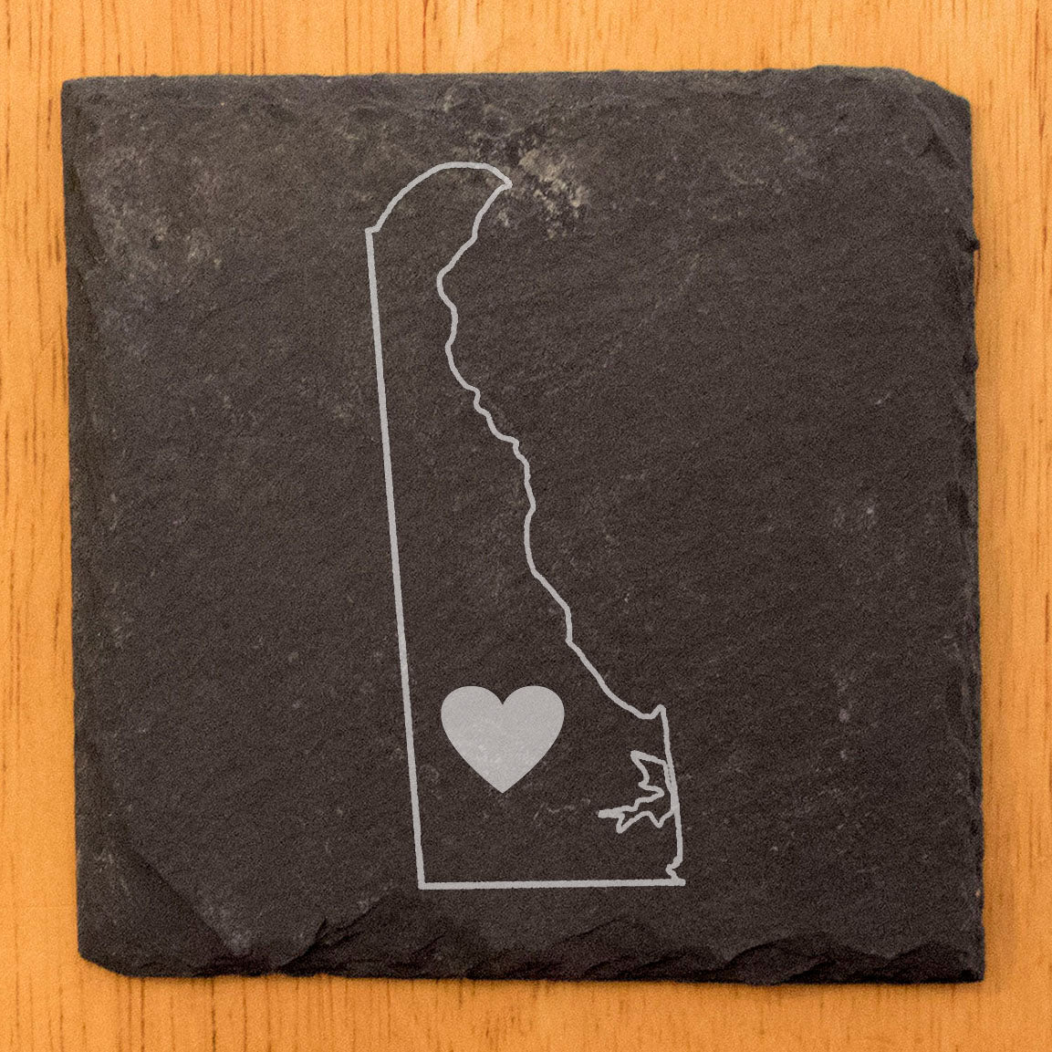 Rustic Slate Coasters Set of 4, Round, Laser Etched Delaware Heart Design, 4" Diameter, Natural Chipped Edge, Rubber Feet, , Perfect for Holidays, Birthdays, Housewarming, USA Made