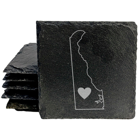 Rustic Slate Coasters Set of 4, Round, Laser Etched Delaware Heart Design, 4" Diameter, Natural Chipped Edge, Rubber Feet, , Perfect for Holidays, Birthdays, Housewarming, USA Made