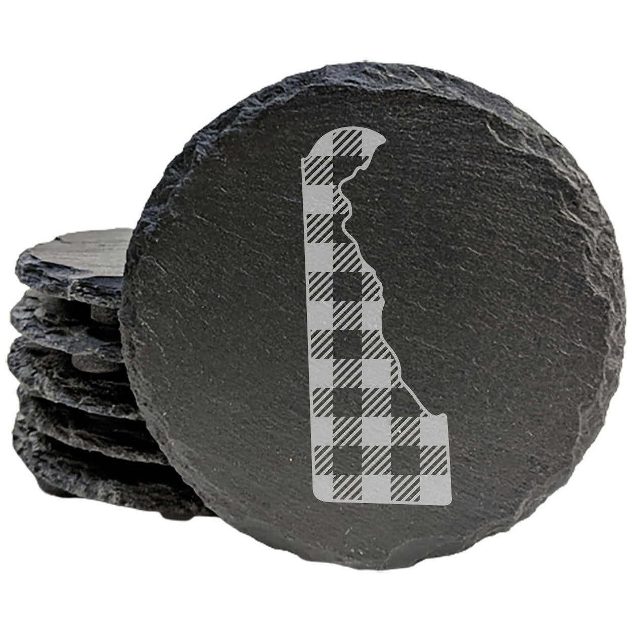 Rustic Slate Coasters Set of 4, Round, 4" Diameter, Laser Etched Delaware Plaid Design, Natural Chipped Edge, Rubber Feet, , Perfect for Holidays, Birthdays, Housewarming, USA Made