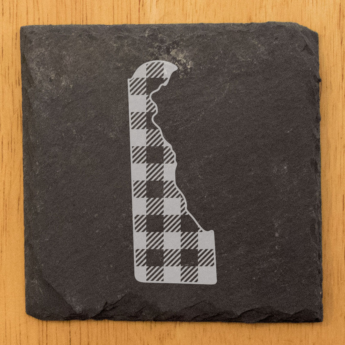 Rustic Slate Coasters Set of 4, Round, 4" Diameter, Laser Etched Delaware Plaid Design, Natural Chipped Edge, Rubber Feet, , Perfect for Holidays, Birthdays, Housewarming, USA Made