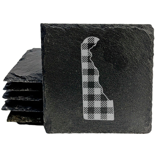 Rustic Slate Coasters Set of 4, Round, 4" Diameter, Laser Etched Delaware Plaid Design, Natural Chipped Edge, Rubber Feet, , Perfect for Holidays, Birthdays, Housewarming, USA Made