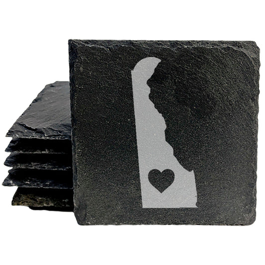 Rustic Slate Coasters Set of 4, Laser Etched Delaware Design, Perfect for Holidays, Birthdays, Housewarming Gifts, 4" Round, Natural Chipped Edge, Made in Oregon, USA, Small Business Crafted