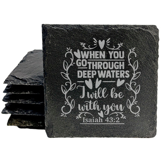 Faith and Hope: Laser Etched Floral "When You Pass Through Waters" Coasters in Gray Slate