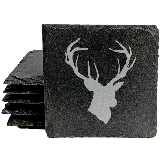 Rustic Charm: Natural Gray Slate Coasters with Striking Stag Antlers