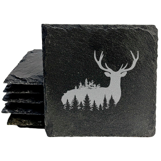 Majestic Majesty: Laser-Etched Stag &amp; Forest Slate Coasters