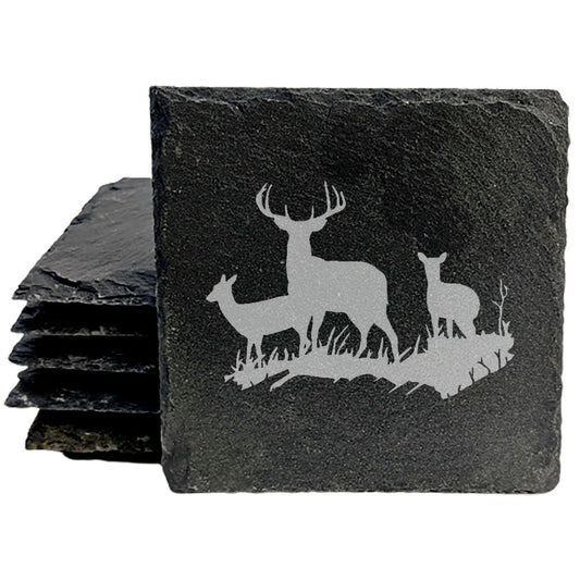 Rustic Tranquility: Natural Gray Slate Coasters with Stunning Deer Landscape