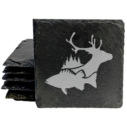 Slate Coasters with Deer and Fish Laser-Etched Design - Protect Your Surfaces in Style!  Hunting &amp; Fishing.  Natural Stone Coasters