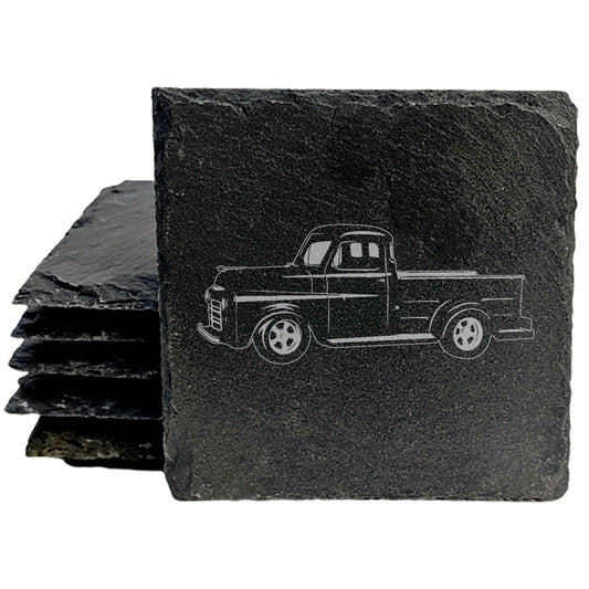 Vintage Vibes: Rustic Slate Coasters Set with 1949 Dodge B1B Pickup Laser Etching | Set of Drink Coasters for Classic Car Enthusiasts!