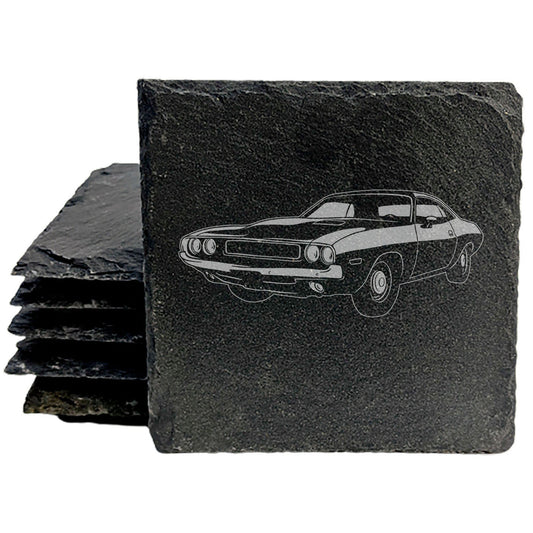 Rustic Gray Slate Coasters Set of 4 with 1970 Dodge Challenger Design, Perfect for Holidays, Birthdays, Housewarming, She-Shed or Man Cave, Made in Oregon, USA, 4" Round or Square