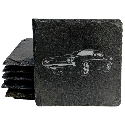 Vintage Vibes: Rustic Slate Coasters Set - Laser Etched 1971 Dodge Challenger Hemi Designs - Classic Car Enthusiast's Delight!