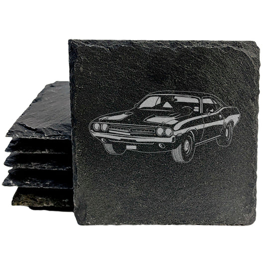 Rustic Gray Slate Coasters Set of 4 with 1971 Dodge Challenger RT 426 Hemi Design, Perfect for Holidays, Birthdays, Housewarming, She-Shed or Man Cave, Made in Oregon, USA, 4" Round or Square