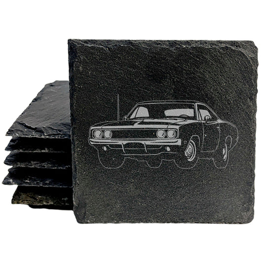 Rustic Gray Slate Coasters Set of 4 with 1969 Dodge Charger 500 Design, Perfect for Holidays, Birthdays, Housewarming, She-Shed or Man Cave, Made in Oregon, USA, 4" Round or Square