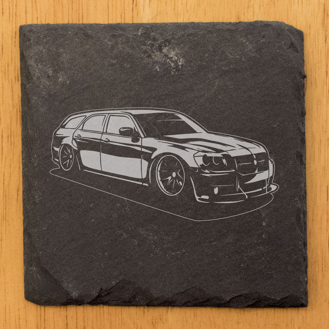 Rustic Gray Slate Coasters Set of 4 with Laser Etched Dodge Magnum Design - Perfect for She-Shed or Man Cave, Birthday &amp; Housewarming Gifts - Chipped Edge, Rubber Feet - Made in Oregon USA