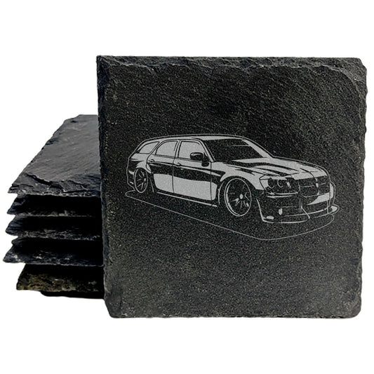 Rustic Gray Slate Coasters Set of 4 with Laser Etched Dodge Magnum Design - Perfect for She-Shed or Man Cave, Birthday &amp; Housewarming Gifts - Chipped Edge, Rubber Feet - Made in Oregon USA