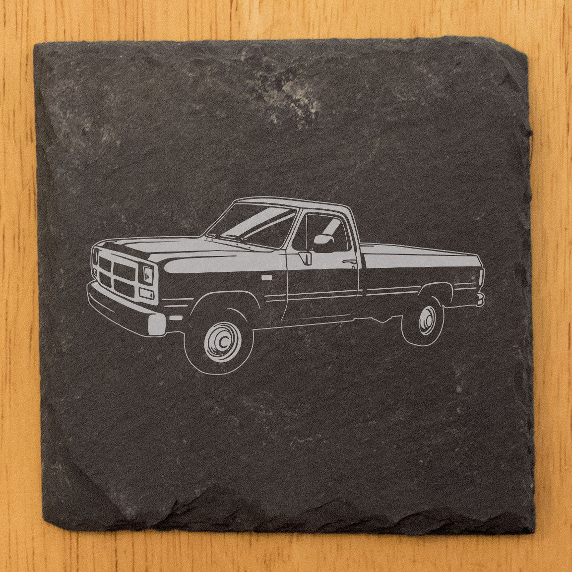 Rustic Gray Slate Coasters Set of 4 with Laser Etched 1985 Dodge Ram Truck Design | Round or Square, Natural Chipped Edge, Rubber Feet | Perfect Gift for Holidays &amp; Birthdays by Oregon Small Business