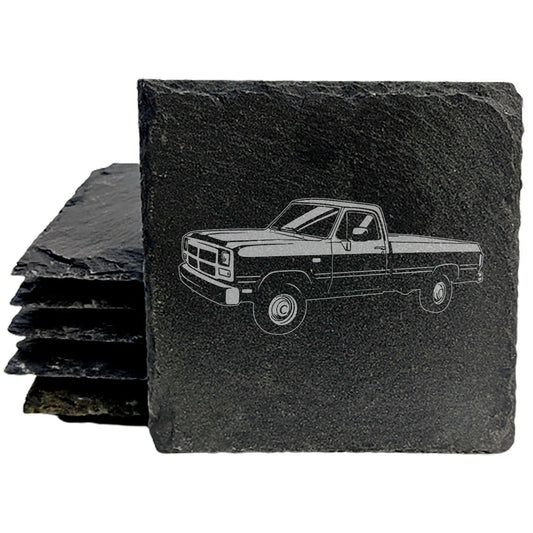 Rustic Gray Slate Coasters Set of 4 with Laser Etched 1985 Dodge Ram Truck Design | Round or Square, Natural Chipped Edge, Rubber Feet | Perfect Gift for Holidays &amp; Birthdays by Oregon Small Business