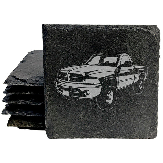 Rustic Gray Slate Coasters Set of 4 with Laser Etched 2001 Dodge Ram Design, All-Occasion Gift for Holidays Birthdays Housewarming She-Shed Man Cave, Made in Oregon USA by Small Business