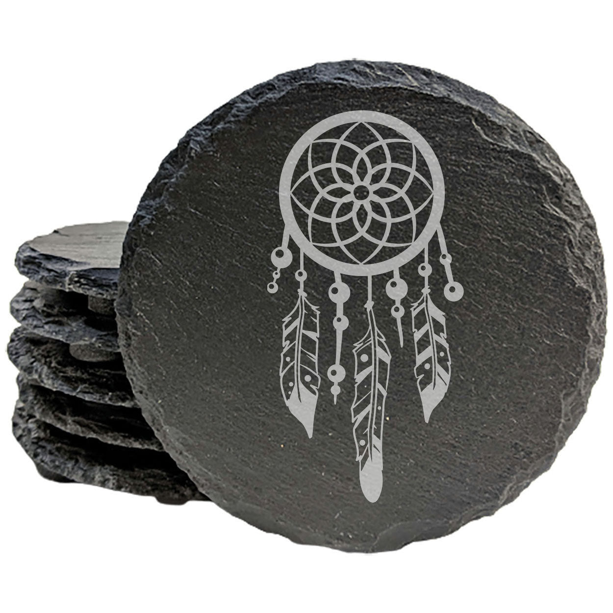 Rustic Elegance: Natural Gray Slate Coasters with Beautiful Dream Catcher Design