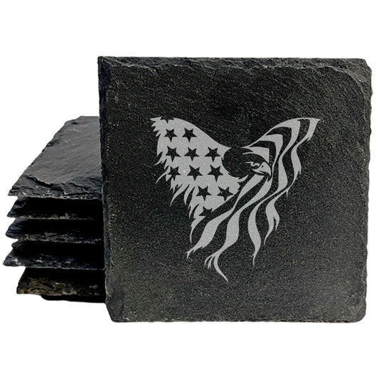 Patriotic Elegance: Natural Gray Slate Coasters with Bald Eagle Flag Design