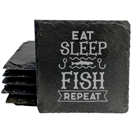 Life's Simple Pleasures: "Eat, Sleep, Fish, Repeat" Laser-Etched Slate Coasters