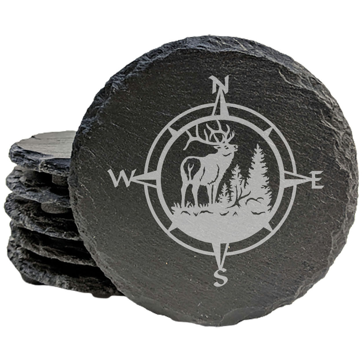 Rustic Elegance: Natural Gray Slate Coasters with Etched Bull Elk &amp; Compass