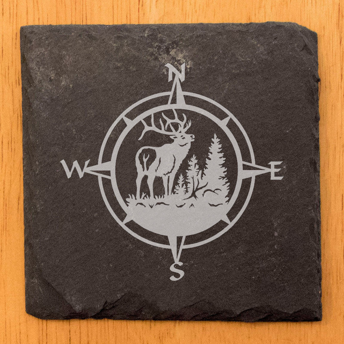 Rustic Elegance: Natural Gray Slate Coasters with Etched Bull Elk &amp; Compass