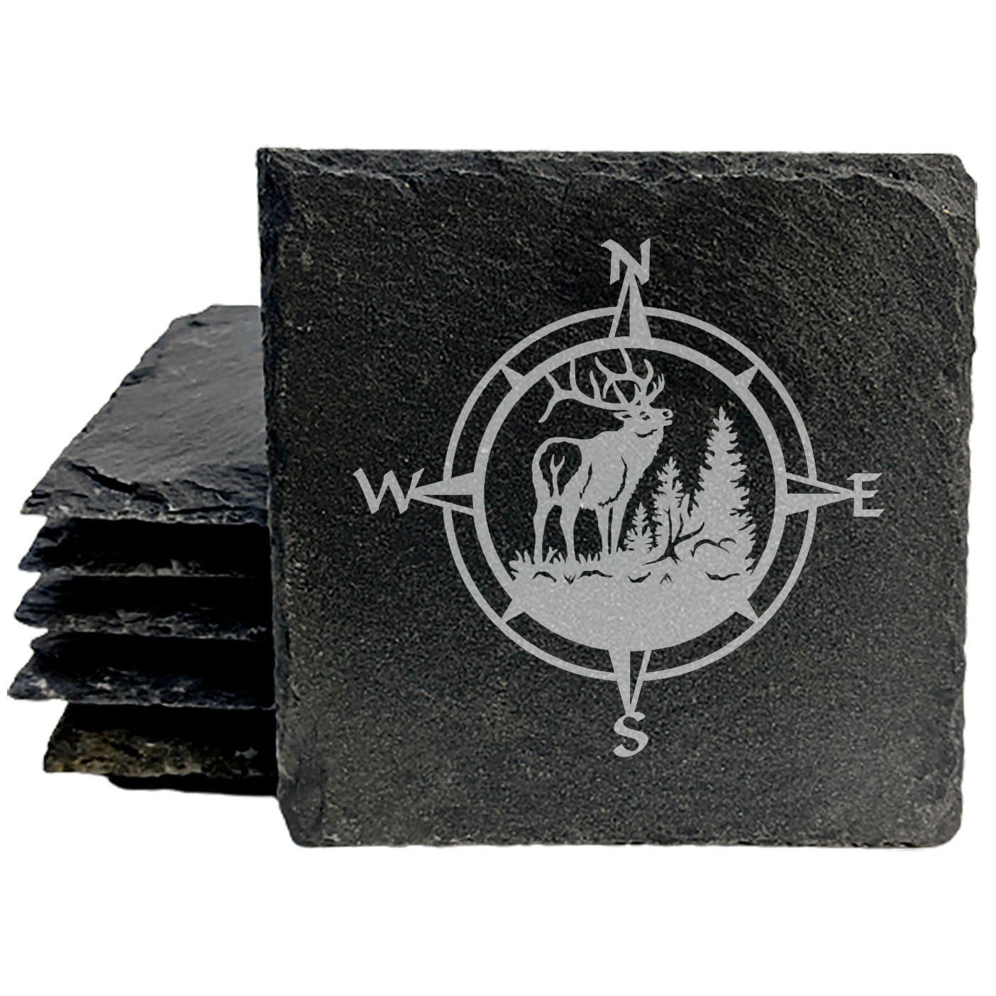 Rustic Elegance: Natural Gray Slate Coasters with Etched Bull Elk &amp; Compass