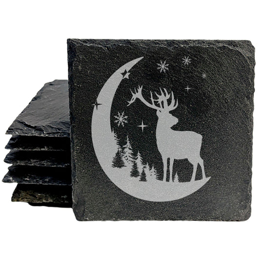 Starry Wilderness: Natural Gray Slate Coasters with Mesmerizing Elk &amp; Moon Design