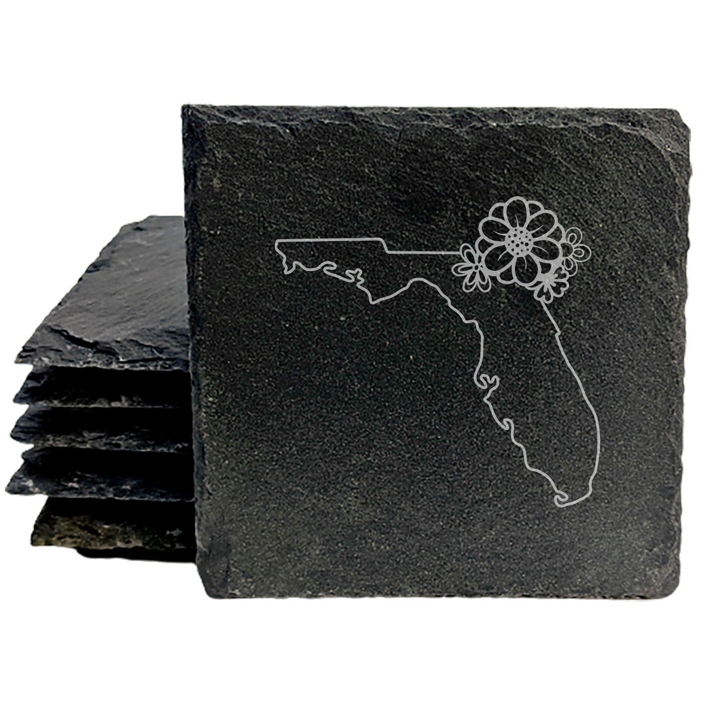 Rustic Slate Coasters Set of 4 - Florida Design with Flower - 4" Round or Square - Natural Chipped Edge, Rubber Feet - Perfect Gift for Holidays, Birthdays, Housewarming - Made in Oregon, USA