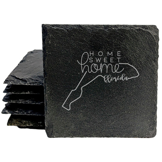 Rustic Slate Coasters Set of 4, Round 4" with Florida Design, 'Home Sweet Home' Laser Etched, Perfect for Holidays, Birthdays, Housewarming, She-Shed, Man Cave, Made in Oregon, USA, Gift Boxed