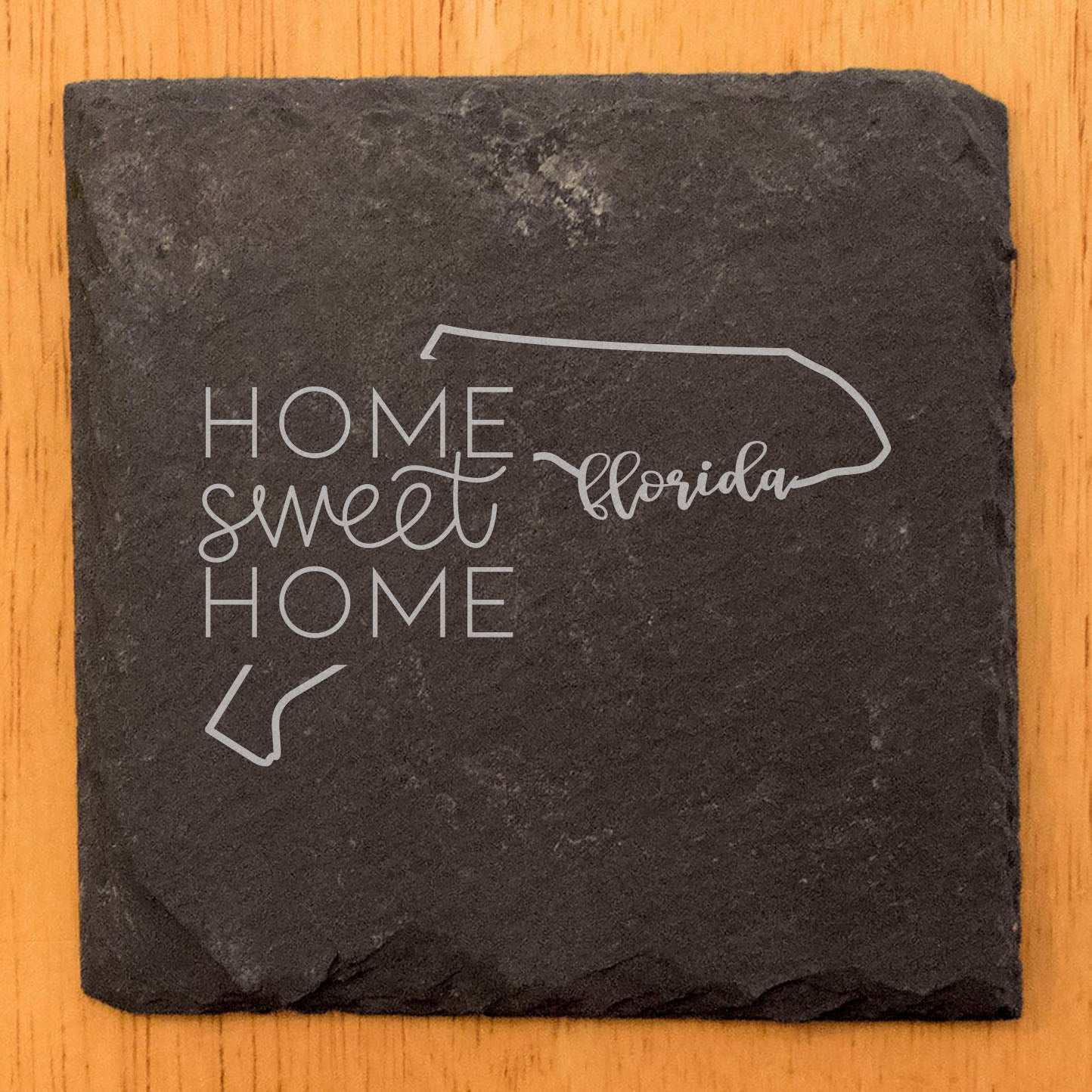 Rustic Slate Coasters Set of 4 - Round 4" with Florida Design, 'Home Sweet Home' - Perfect Gift for Holidays, Birthdays, Housewarming - Made in Oregon, USA - Natural Chipped Edge, Rubber Feet