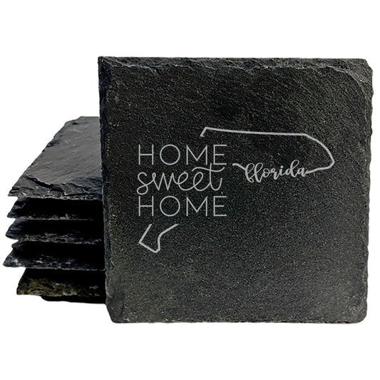 Rustic Slate Coasters Set of 4 - Round 4" with Florida Design, 'Home Sweet Home' - Perfect Gift for Holidays, Birthdays, Housewarming - Made in Oregon, USA - Natural Chipped Edge, Rubber Feet