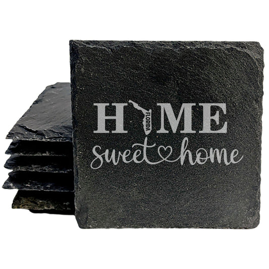 Rustic Slate Coasters Set of 4, Round 4" with 'HOME SWEET HOME' Florida Design, Perfect for Holidays, Birthdays, Housewarming Gifts, She-Shed, Man Cave, Made in Oregon, USA, Natural Chipped Edge