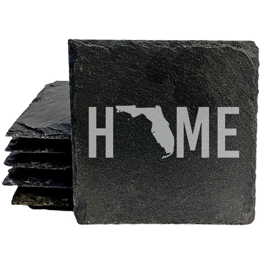 Rustic Slate Coasters Set of 4 - Laser Etched 'HOME' Design with Florida State - Perfect Gift for Holidays, Birthdays, Housewarming - 4" Round, Natural Chipped Edge, Rubber Feet - Made in USA