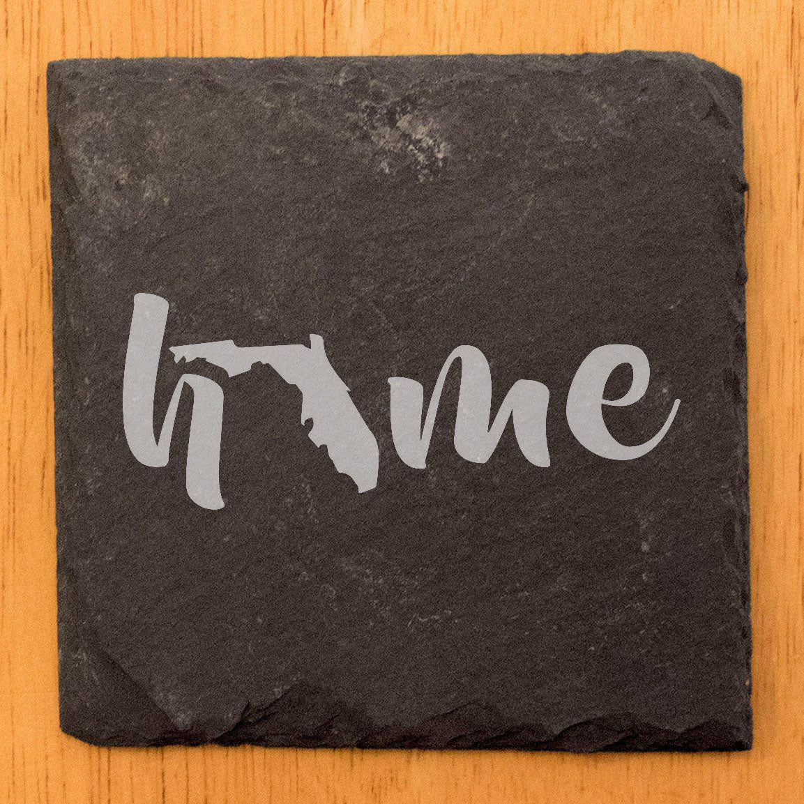 Rustic Slate Coasters Set of 4 - Laser Etched 'Home' Design with Florida State - Perfect Gift for Holidays, Birthdays, Housewarming - 4" Round/Square - Made in Oregon, USA - Natural Chipped Edge
