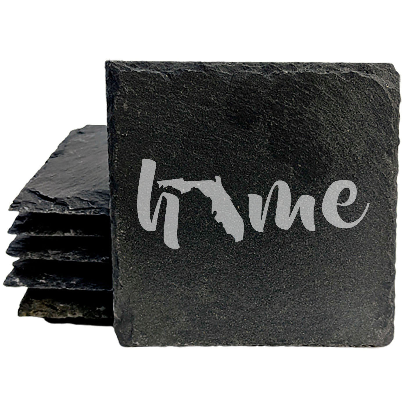 Rustic Slate Coasters Set of 4 - Laser Etched 'Home' Design with Florida State - Perfect Gift for Holidays, Birthdays, Housewarming - 4" Round/Square - Made in Oregon, USA - Natural Chipped Edge