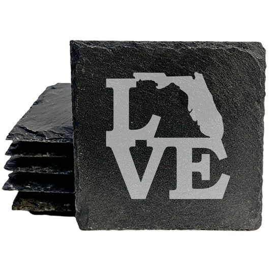 Rustic Slate Coasters Set of 4, Round 4" with 'LOVE' Florida Design, Laser Etched, Perfect for Holidays, Birthdays, Housewarming Gifts, Made in Oregon, USA, Natural Chipped Edge, Rubber Feet