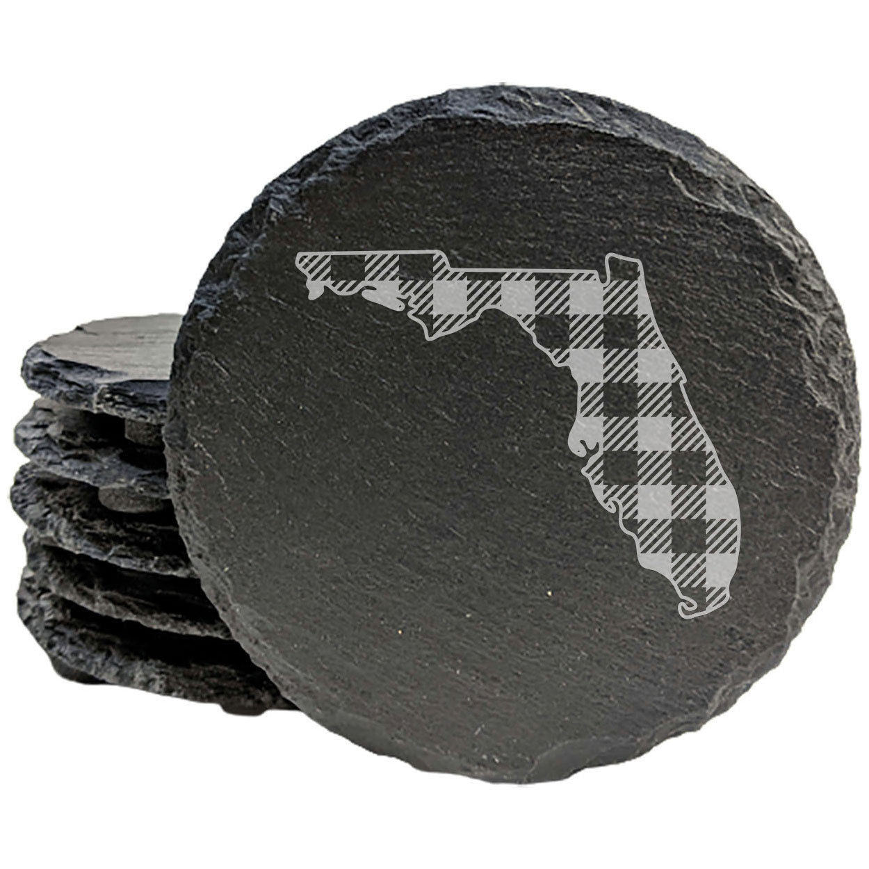 Rustic Slate Coasters Set of 4, Round 4" with Florida Plaid Design, Perfect for Holidays, Birthdays, Housewarming Gifts, She-Shed or Man Cave, Made in Oregon, USA, Natural Chipped Edge, Rubber Feet