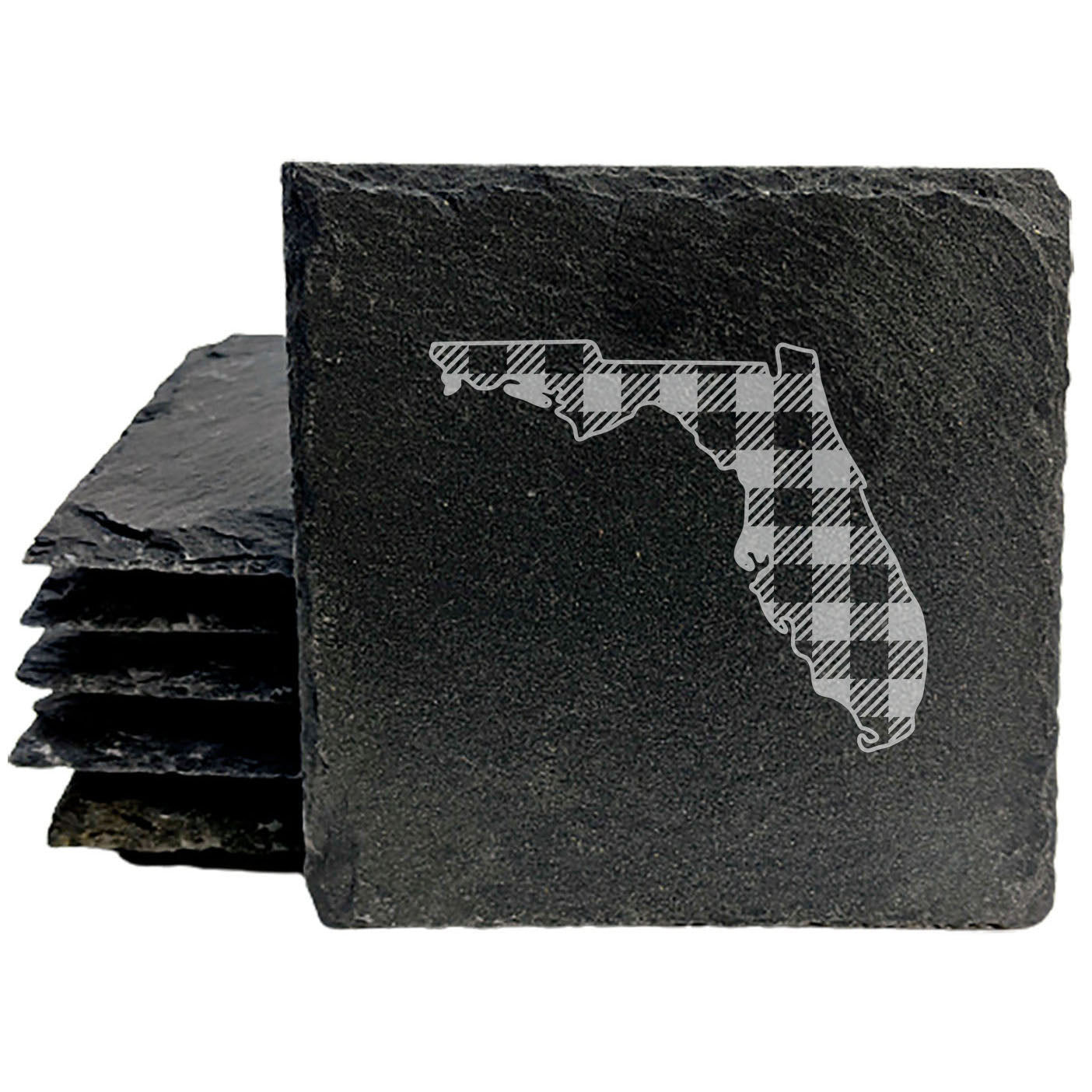 Rustic Slate Coasters Set of 4, Round 4" with Florida Plaid Design, Perfect for Holidays, Birthdays, Housewarming Gifts, She-Shed or Man Cave, Made in Oregon, USA, Natural Chipped Edge, Rubber Feet