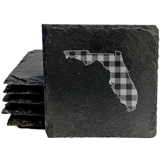 Rustic Slate Coasters Set of 4, Round 4" with Florida Plaid Design, Perfect for Holidays, Birthdays, Housewarming Gifts, She-Shed or Man Cave, Made in Oregon, USA, Natural Chipped Edge, Rubber Feet