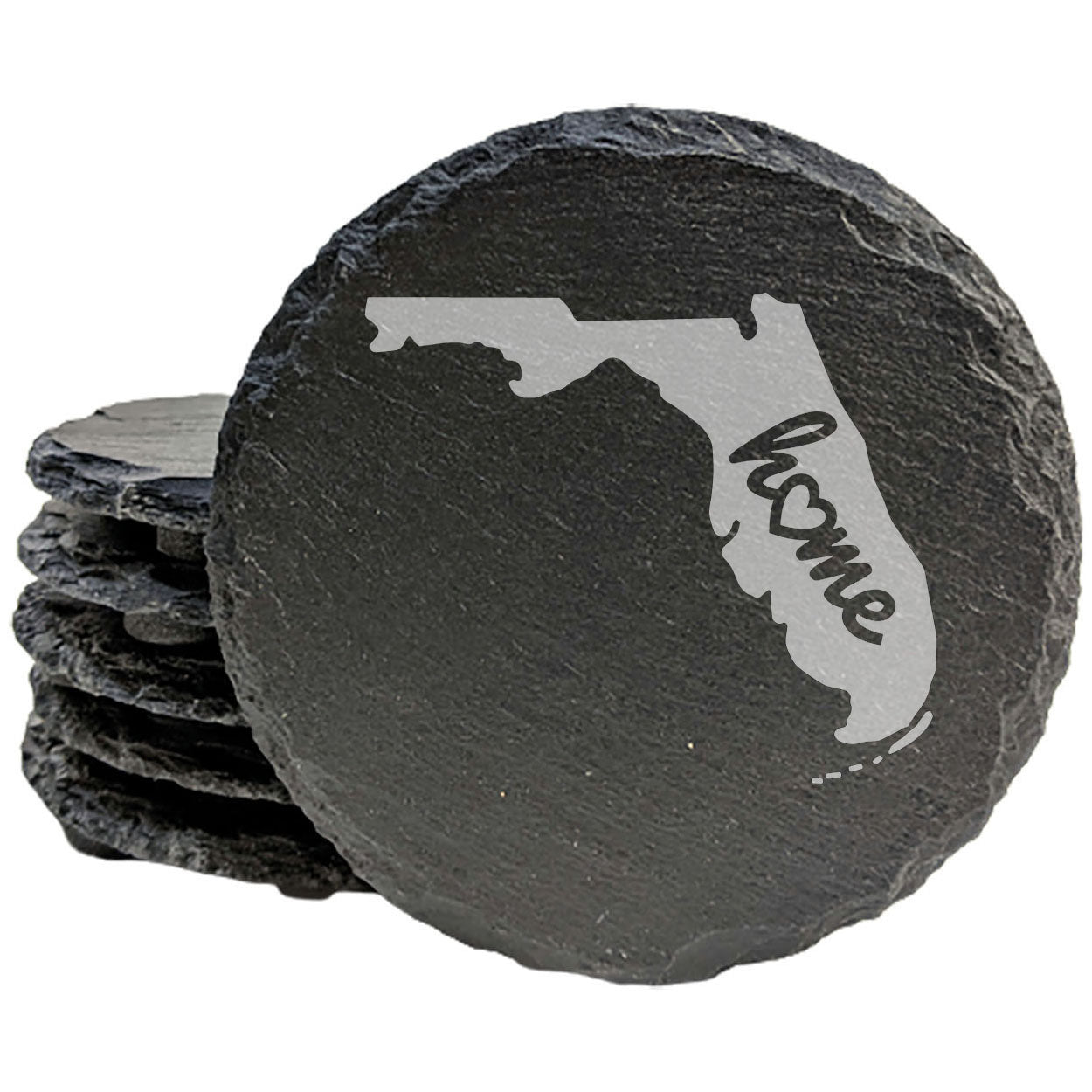 Rustic Slate Coasters Set of 4 - Florida 'Home' Design with Heart - Round 4" - Perfect for Holidays, Birthdays, Housewarming - Made in Oregon, USA -  - Natural Chipped Edge