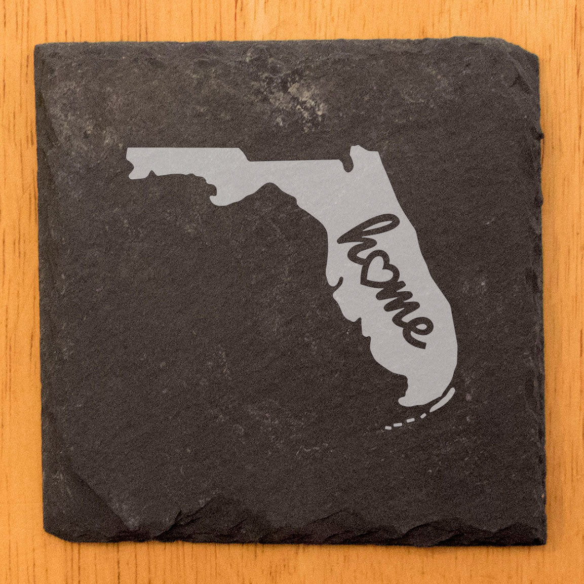 Rustic Slate Coasters Set of 4 - Florida 'Home' Design with Heart - Round 4" - Perfect for Holidays, Birthdays, Housewarming - Made in Oregon, USA -  - Natural Chipped Edge