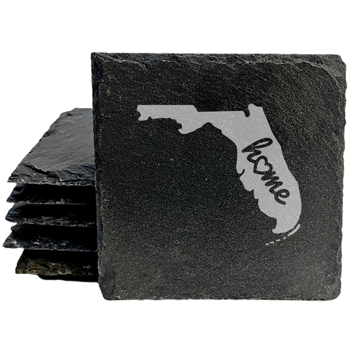 Rustic Slate Coasters Set of 4 - Florida 'Home' Design with Heart - Round 4" - Perfect for Holidays, Birthdays, Housewarming - Made in Oregon, USA -  - Natural Chipped Edge